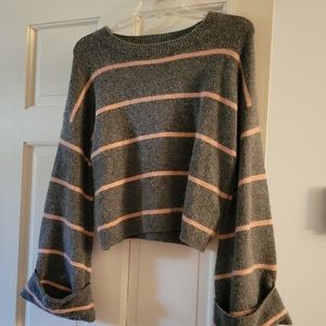 Topshop Gray and Pink Striped Bell Sleeve Sweater